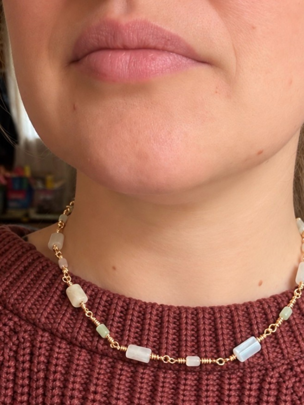 Handmade Gold Beaded Multi-Stone Choker Necklace - Pink/Cream Stones